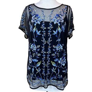 WHBM Black Mesh Floral Embroidered Short Sleeve Top & Camisole Adj Straps 1X